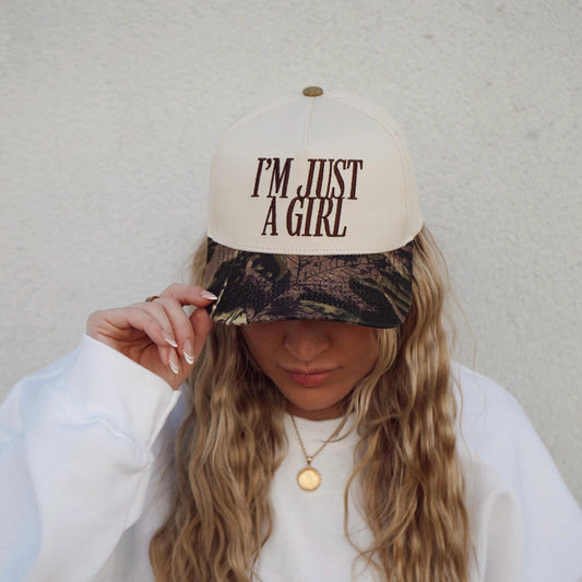 I'm Just A Girl Camo Embroidered Two Tone Canvas Snapback Trucker Hat