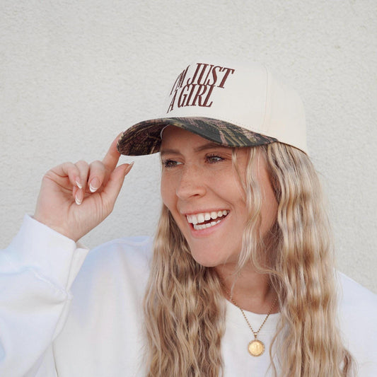 I'm Just A Girl Camo Embroidered Two Tone Canvas Snapback Trucker Hat